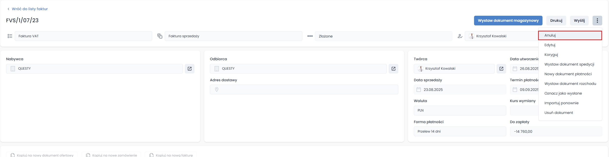 Przycisk "Anuluj dokument"