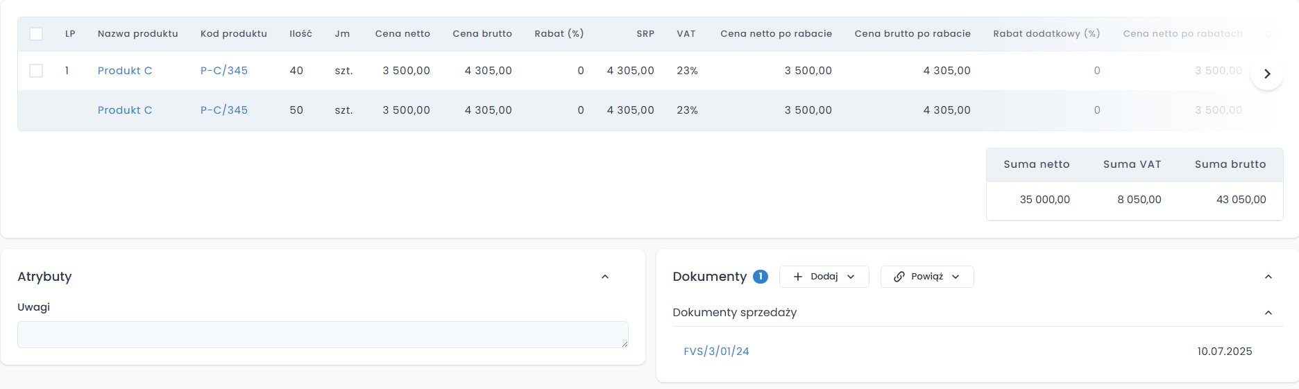 Wyświetlanie atrybutów na dokumencie
