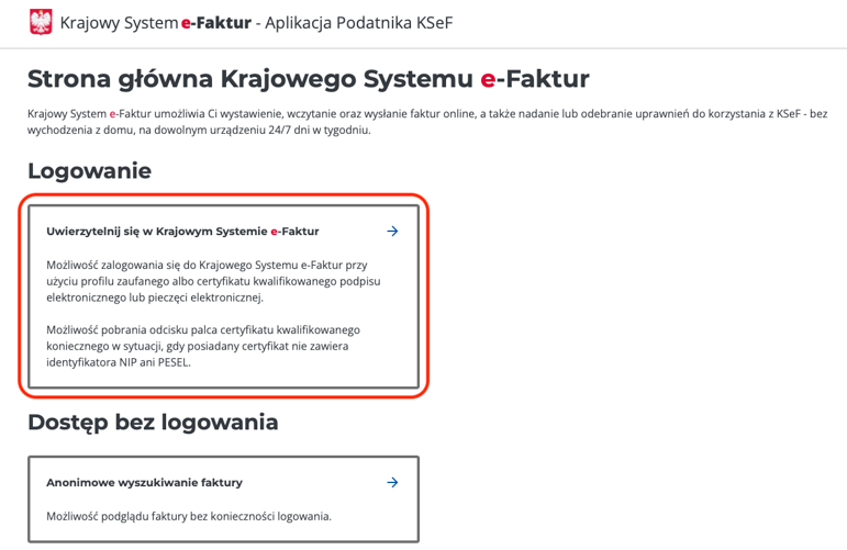 Ekran startowy KSeF