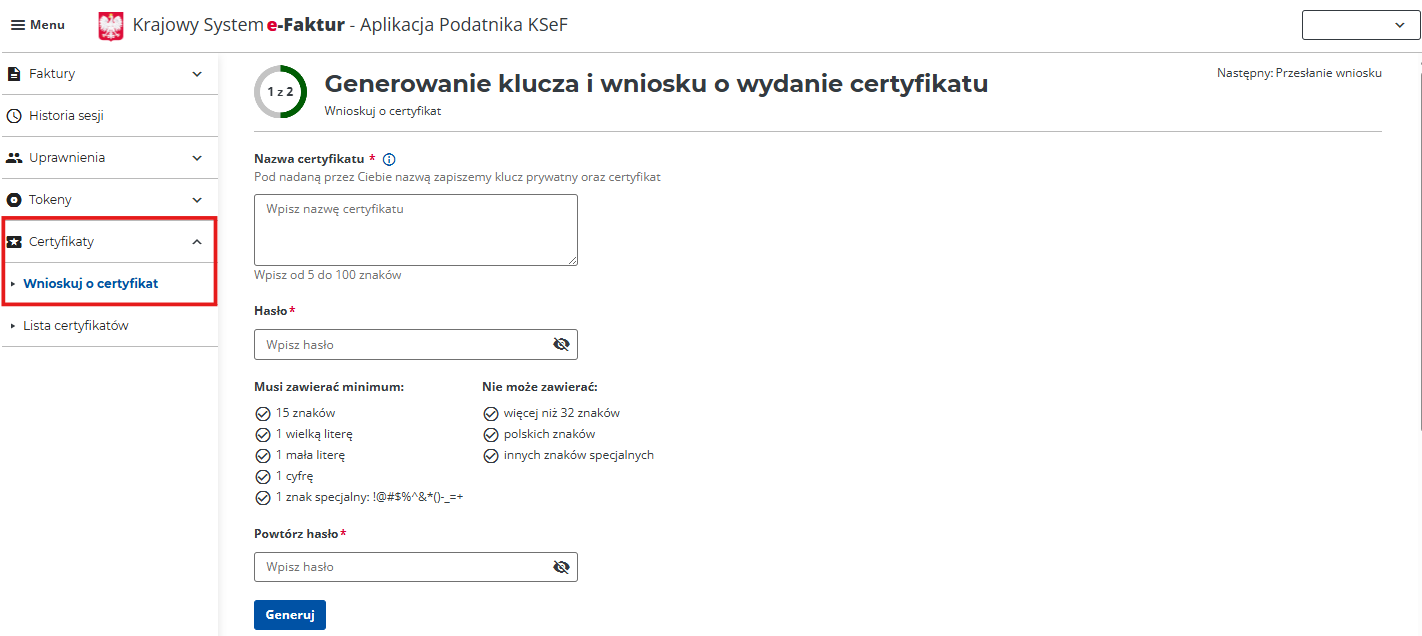 Wniosek o certyfikat (cz. 1)